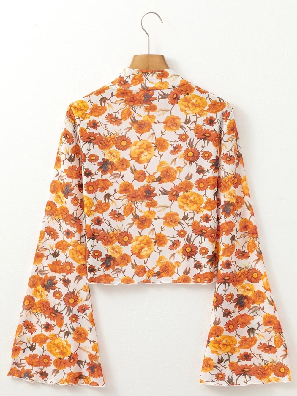 NEW Medium Orange Sheer Mesh Retro Floral Bell Sleeve Mock Neck Blouse - Picture 8 of 9